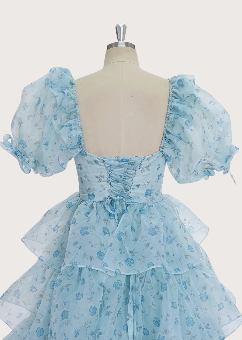 A Line Light Blue Floral Puff Sleeve Ruffle Maxi Formal Dress - Light Blue Floral - PromDressClub