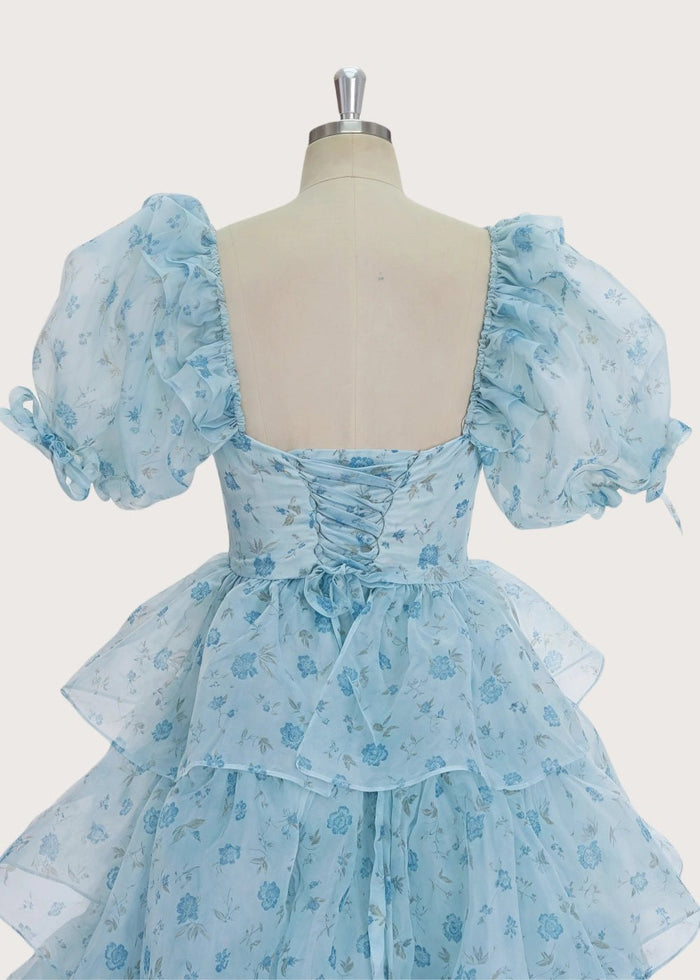A Line Light Blue Floral Puff Sleeve Ruffle Maxi Formal Dress - Light Blue Floral - PromDressClub