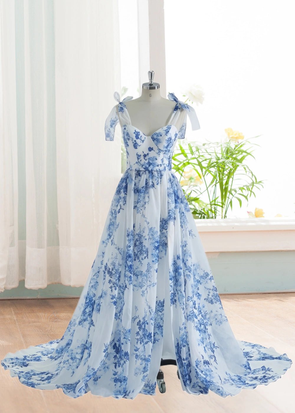 Alice | A Line Light Blue White Floral Corset Formal Dress with Bow - Light Blue Floral - PromDressClub