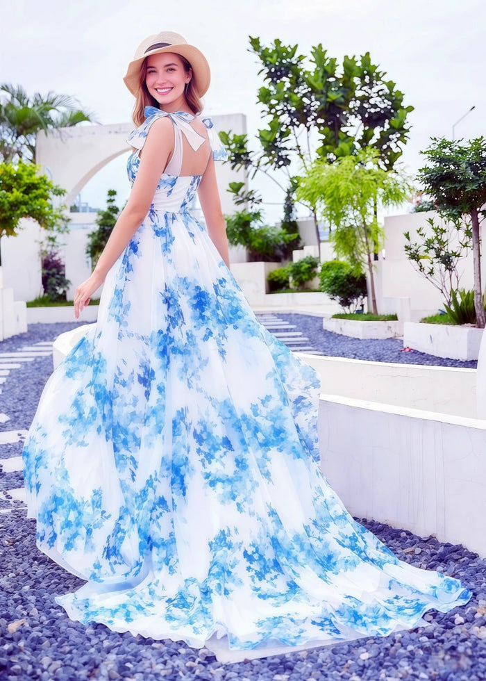 Alice | A Line Light Blue White Floral Corset Formal Dress with Bow - Light Blue Floral - PromDressClub