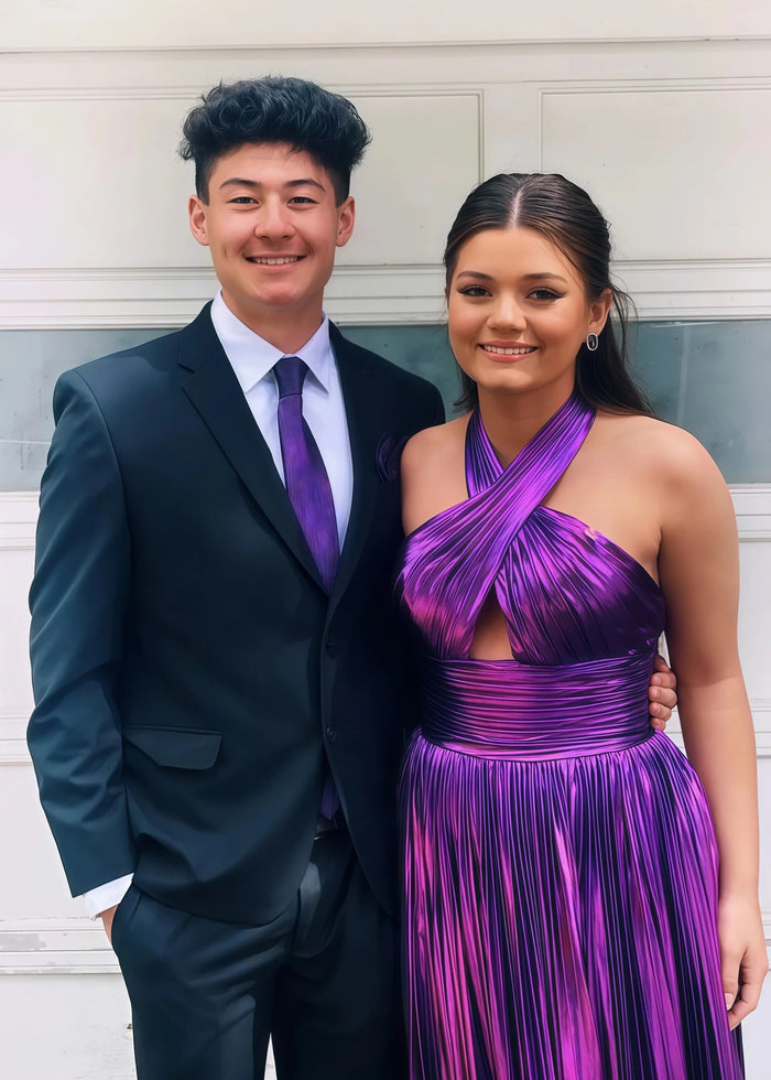 Edwina |A - Line Metallic Blush Long Prom Dress With Halter Neck Pleated Slit - Purple - PromDressClub