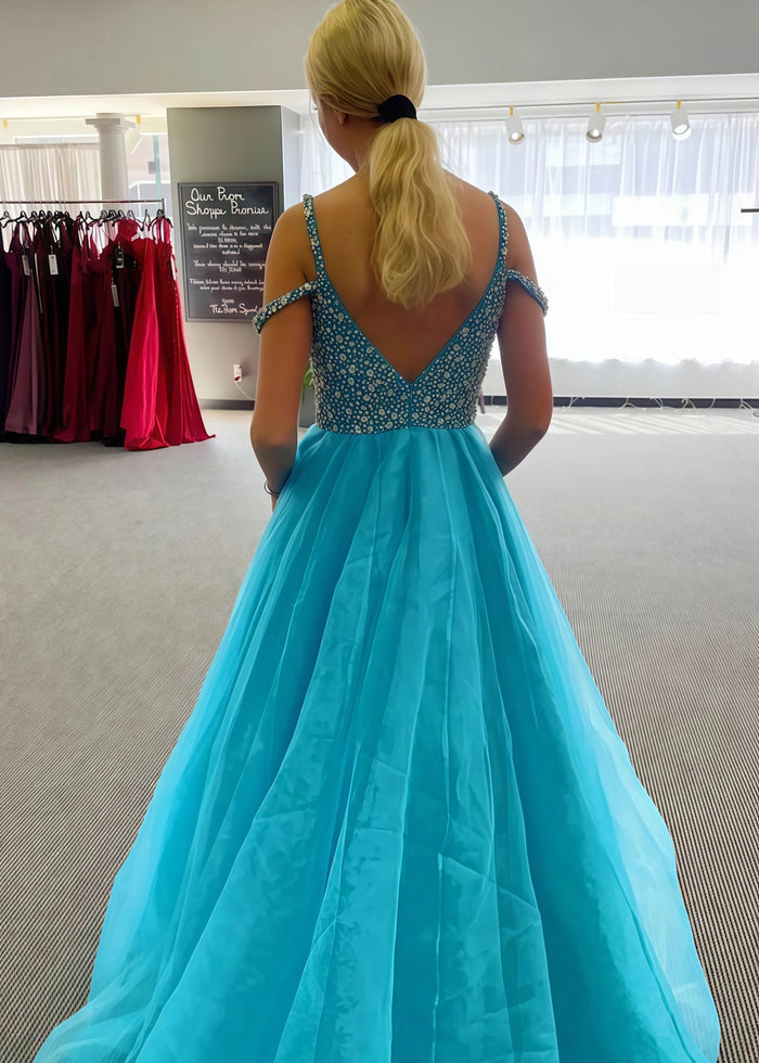 Arlene | Blue Ball - Gown/Princess Cold Shoulder Beaded Tulle Prom Dress - Blue - PromDressClub