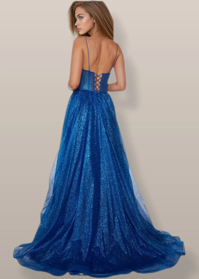 Valentina | Glitter Royal Blue A Line Metallic Prom Dress with Slit - Royal Blue - PromDressClub