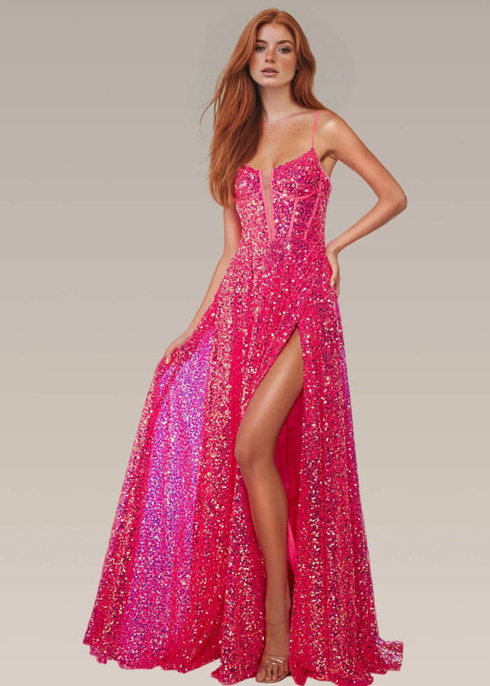 Tina | Red Sequin A Line Corset Backless Prom Dress with Slit - Red - PromDressClub