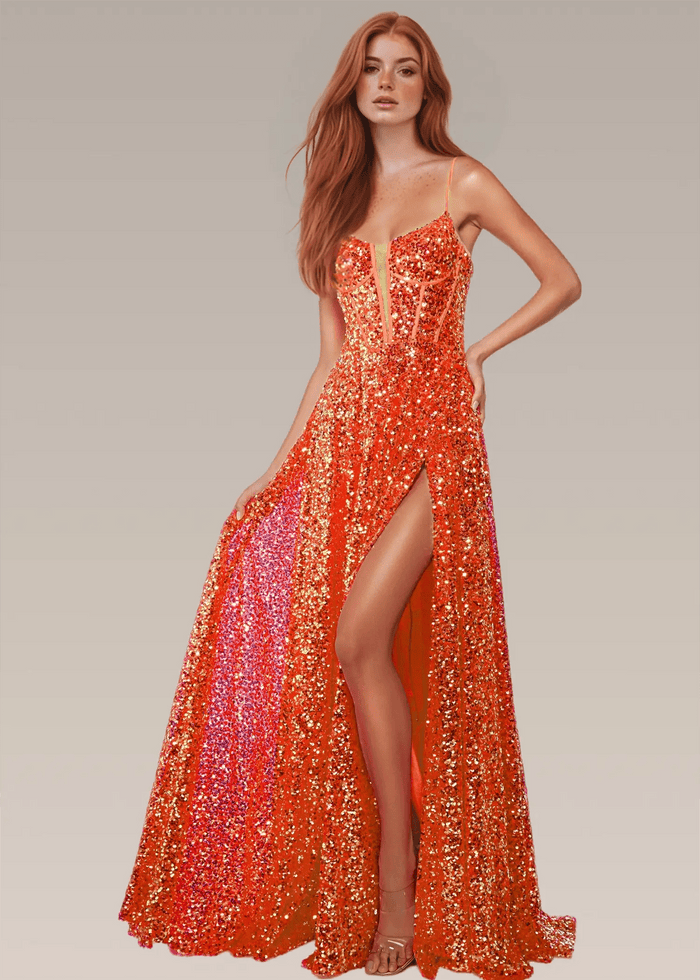 Tina | Red Sequin A Line Corset Backless Prom Dress with Slit - Orange - PromDressClub