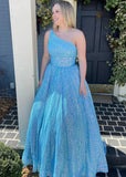 Christie |A - Line Sparkly One Shoulder Sequins Blue Plus Size Long Prom Dress - Blue - US0 - PromDressClub