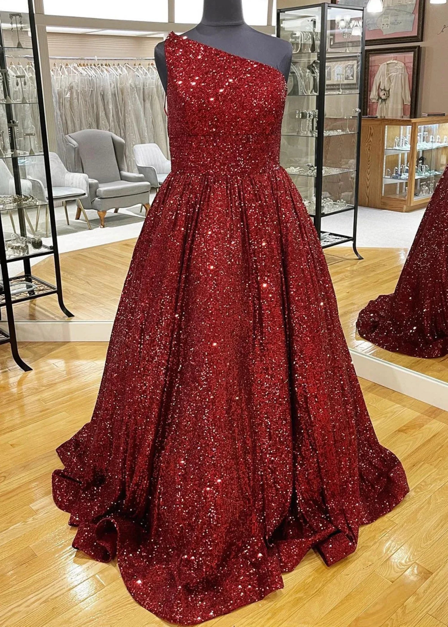 Christie |A - Line Sparkly One Shoulder Sequins Blue Plus Size Long Prom Dress - Burgundy - US0 - PromDressClub