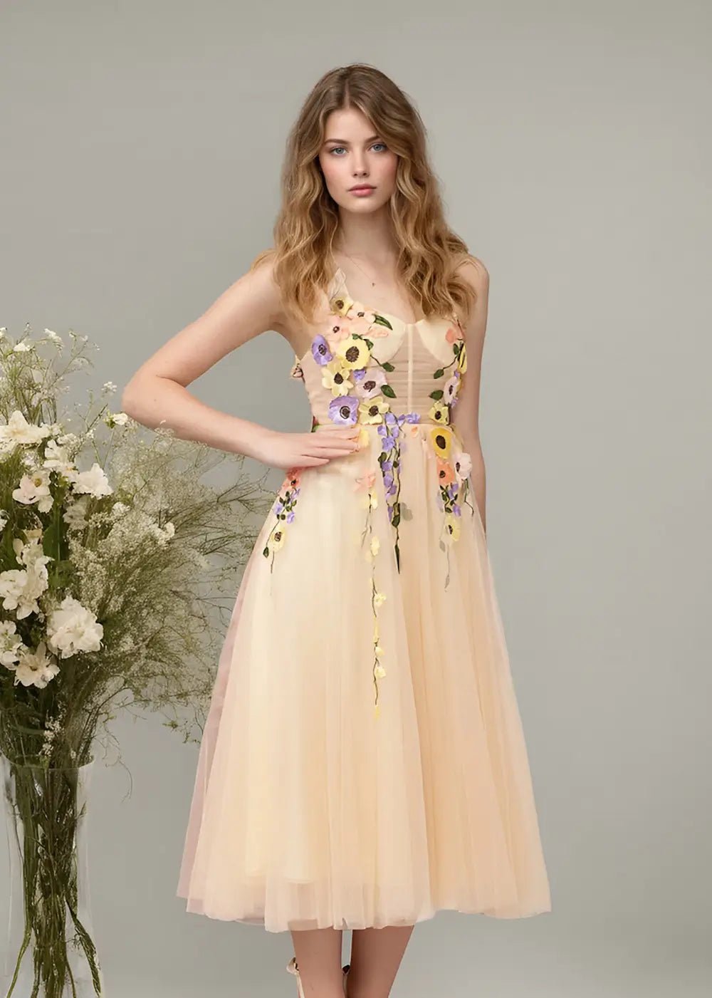 Stacey |Champagne Gold Prom Dresses Midi A Line Tulle Corset with 3D Flower | PromDressClub