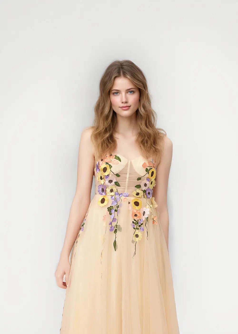 Stacey |Champagne Gold Prom Dresses Midi A Line Tulle Corset with 3D Flower | PromDressClub