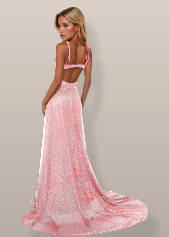 Shirley | Emerald Green and Royal Blue A Line Metallic Prom Dress with Slit - Light Pink - PromDressClub