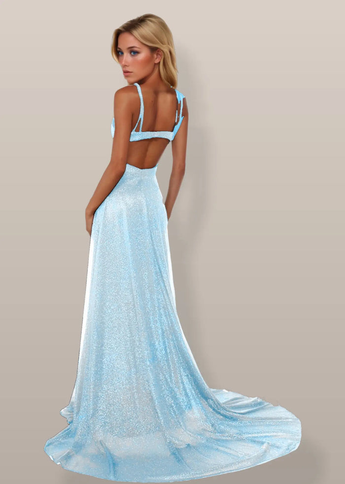 Shirley | Emerald Green and Royal Blue A Line Metallic Prom Dress with Slit - Light Blue - PromDressClub