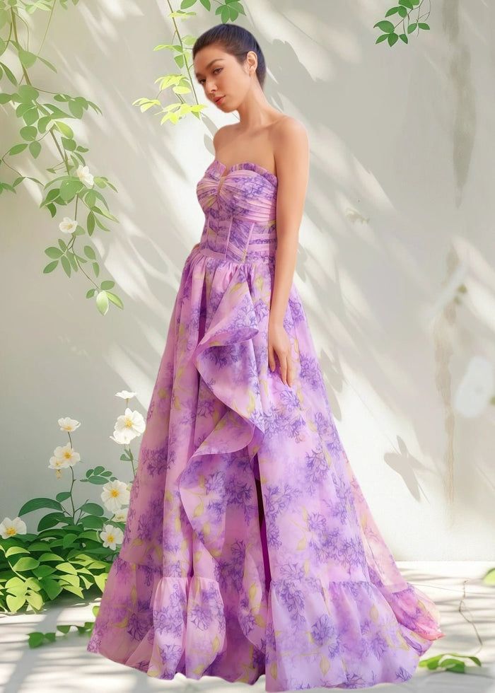 Ada | Lilac Floral Starpless Corset Detachable Sleeve Formal Dress - Lilac Floral - PromDressClub