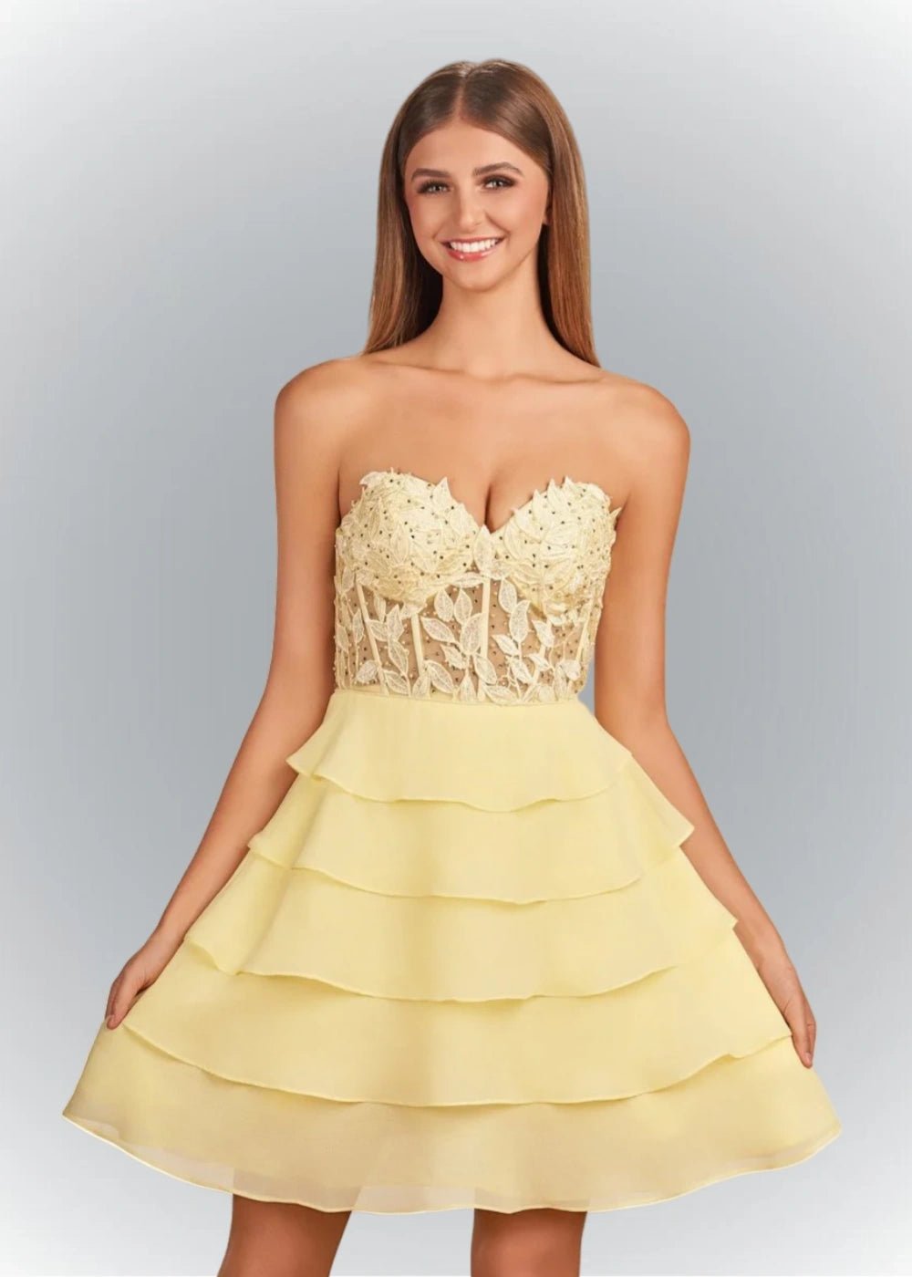 Adriana | Chic Lavender and Yellow Strapless Corset Mini Homecoming Dress with Ruffles - Yellow - PromDressClub