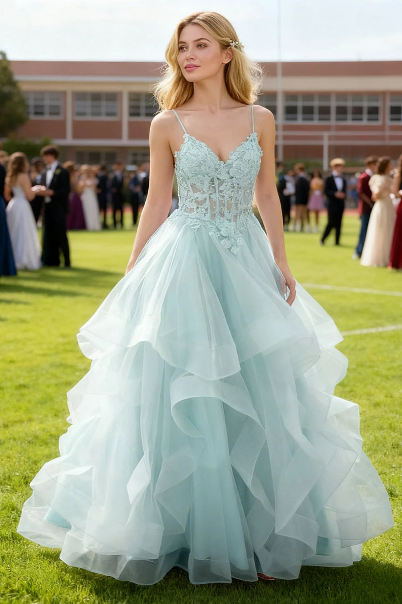 Aetherium Light Blue Lace Corset Prom Dress | A - Line Sweetheart Neckline Rhinestones Ruffle Floor Length Dress - US0 - PromDressClub