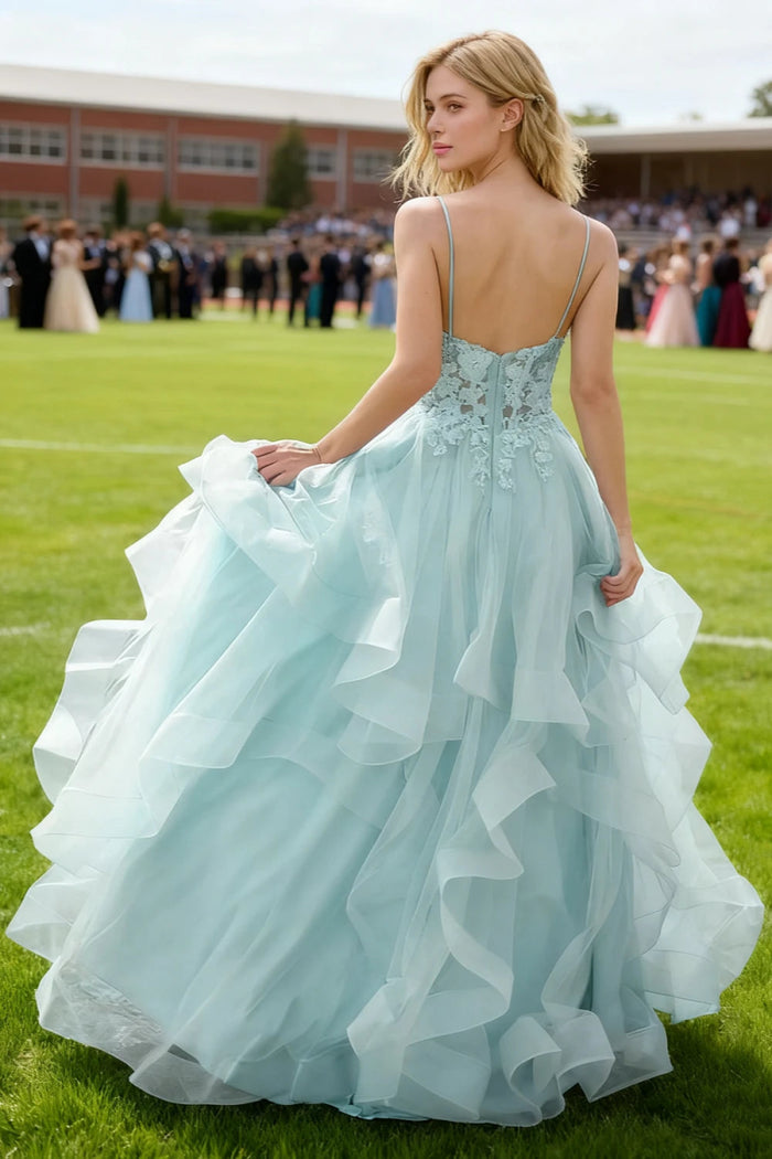 Aetherium Light Blue Lace Corset Prom Dress | A - Line Sweetheart Neckline Rhinestones Ruffle Floor Length Dress - US0 - PromDressClub