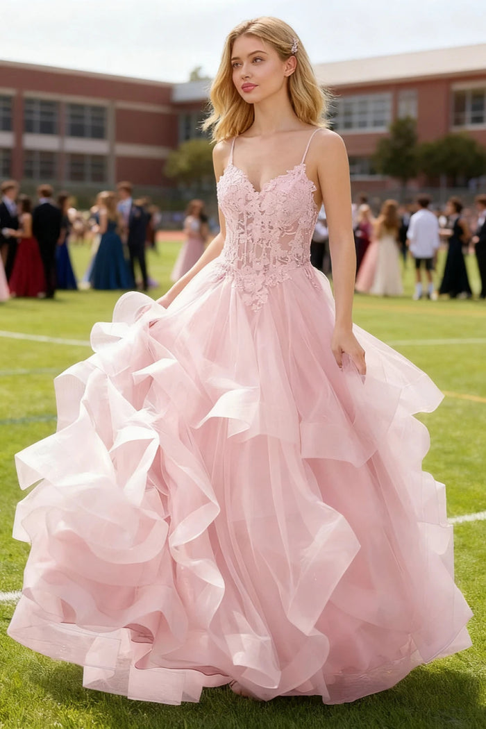 Aetherium Light Pink Lace Corset Prom Dress | A - Line Sweetheart Neckline Rhinestones Ruffle Floor Length Dress - US0 - PromDressClub