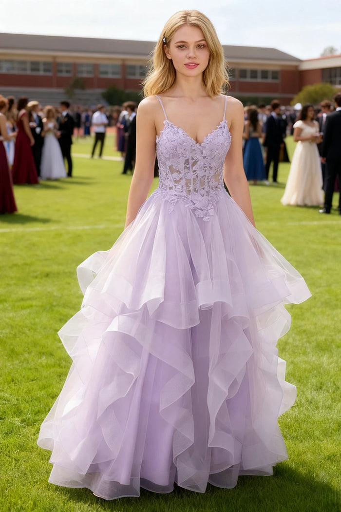 Aetherium Lilac Lace Corset Prom Dress | A - Line Sweetheart Neckline Rhinestones Ruffle Floor Length Dress - US0 - PromDressClub