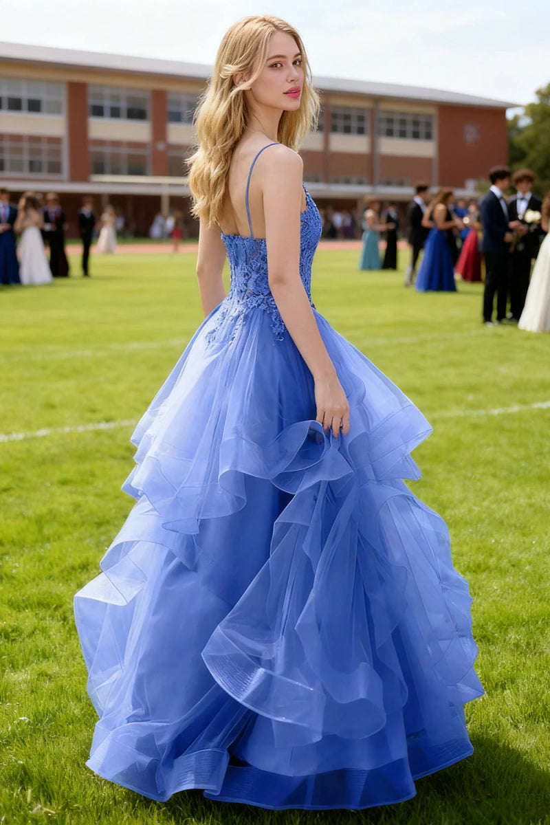 Aetherium Royal Blue Lace Corset Prom Dress | A - Line Sweetheart Neckline Rhinestones Ruffle Floor Length Dress - US0 - PromDressClub