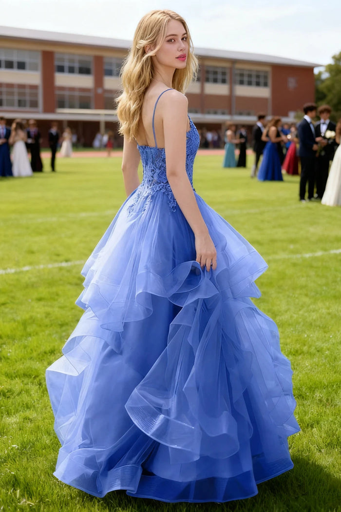 Aetherium Royal Blue Lace Corset Prom Dress | A - Line Sweetheart Neckline Rhinestones Ruffle Floor Length Dress - US0 - PromDressClub