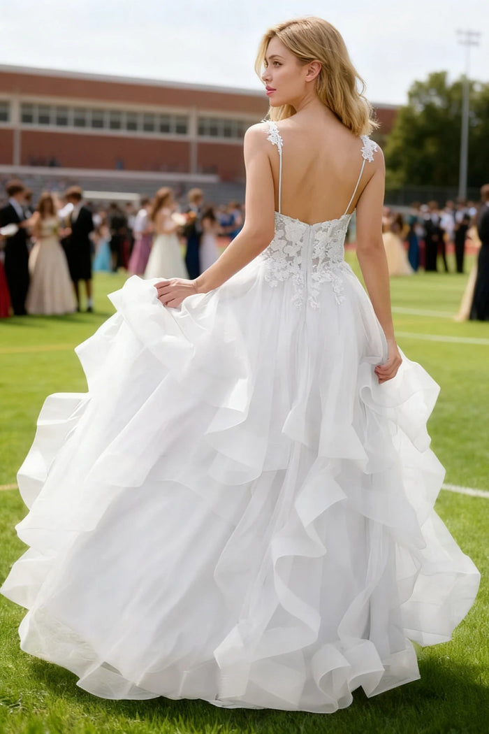 Aetherium White Lace Corset Prom Dress | A - Line Sweetheart Neckline Rhinestones Ruffle Floor Length Dress - US0 - PromDressClub