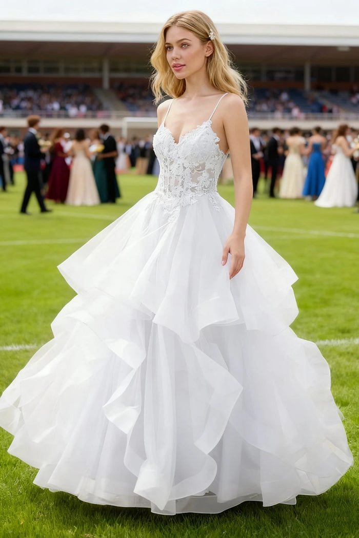 Aetherium White Lace Corset Prom Dress | A - Line Sweetheart Neckline Rhinestones Ruffle Floor Length Dress - US0 - PromDressClub