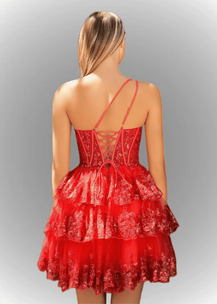 Agatha | A Line Balck One Shoulder Black Sequin Homecoming Dress with Ruffles - Red - PromDressClub