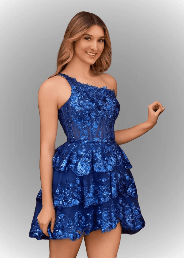 Agatha | A Line Balck One Shoulder Black Sequin Homecoming Dress with Ruffles - Royal Blue - PromDressClub
