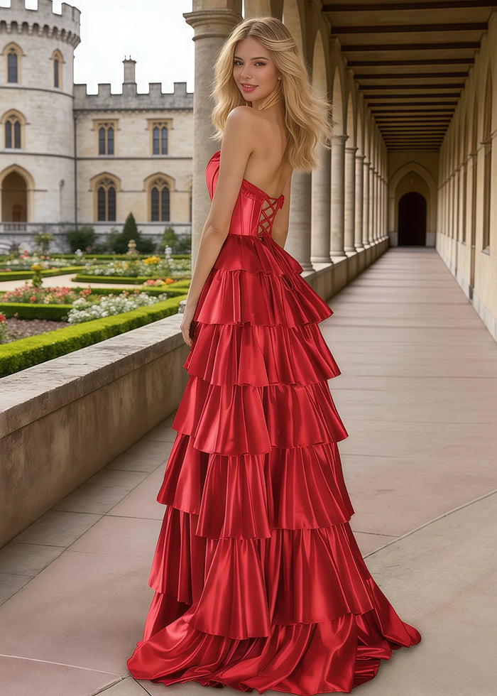 Aila Red Satin Corset Prom Dress with Ruffles | A - Line Strapless Beaded Tiered Formal Dress with Slit - Red - PromDressClub