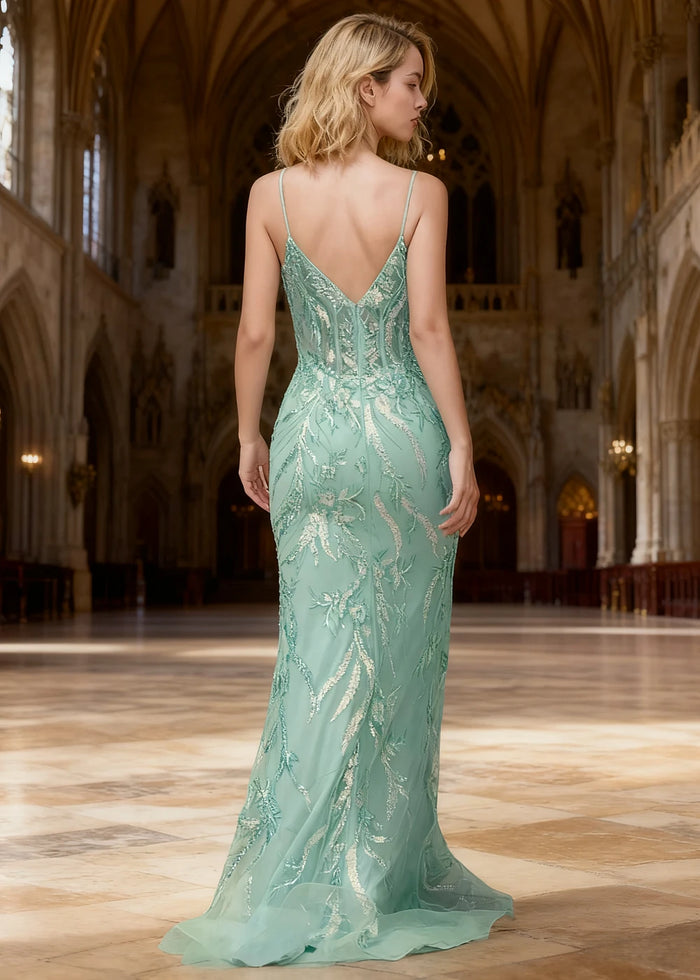 Aithea Green Glitter Prom Dress | Sheath Spaghetti Strap V - Neck Corset Cocktail Dress - Mint Green - PromDressClub