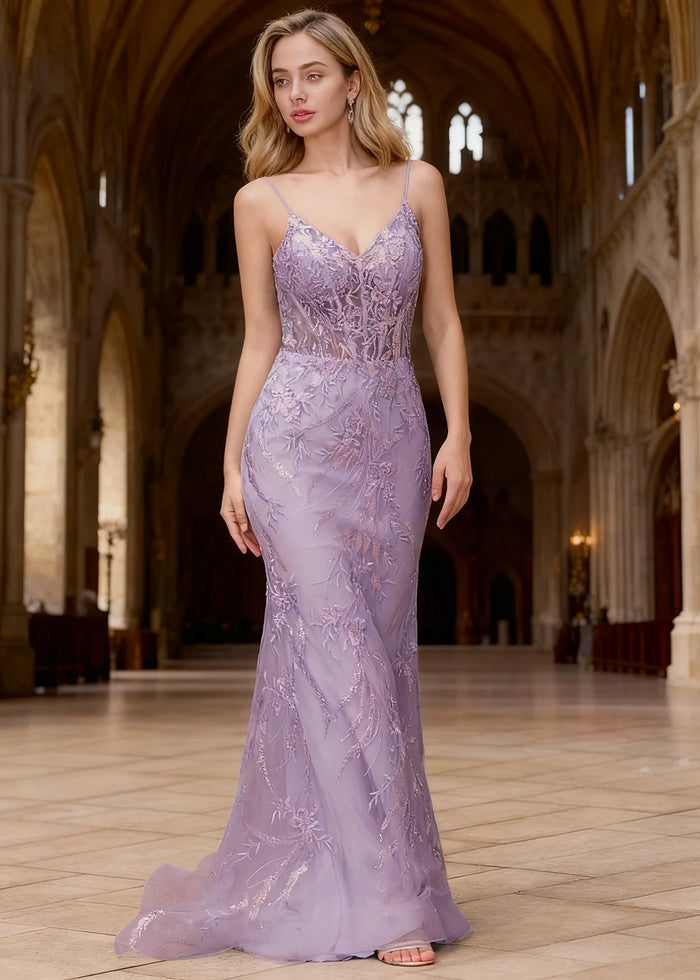 Aithea Purple Glitter Prom Dress | Sheath Spaghetti Strap V - Neck Corset Cocktail Dress - Light Purple - PromDressClub