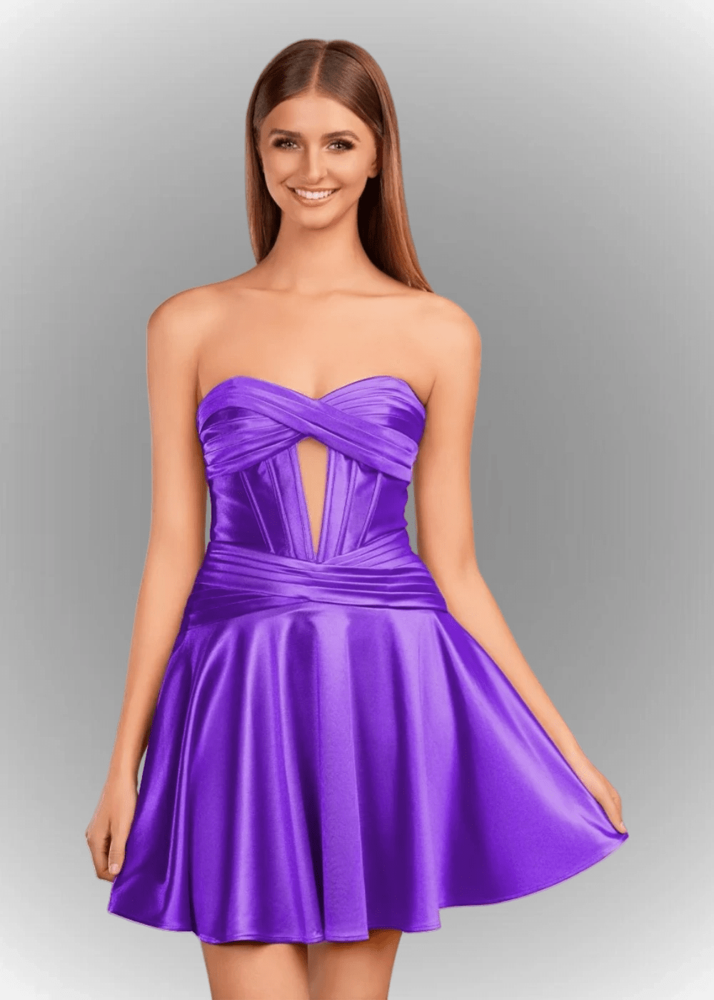 Alana | A Line Fuchsia Satin Strapless Ruched Homecoming Dress with Keyhole - Purple - PromDressClub