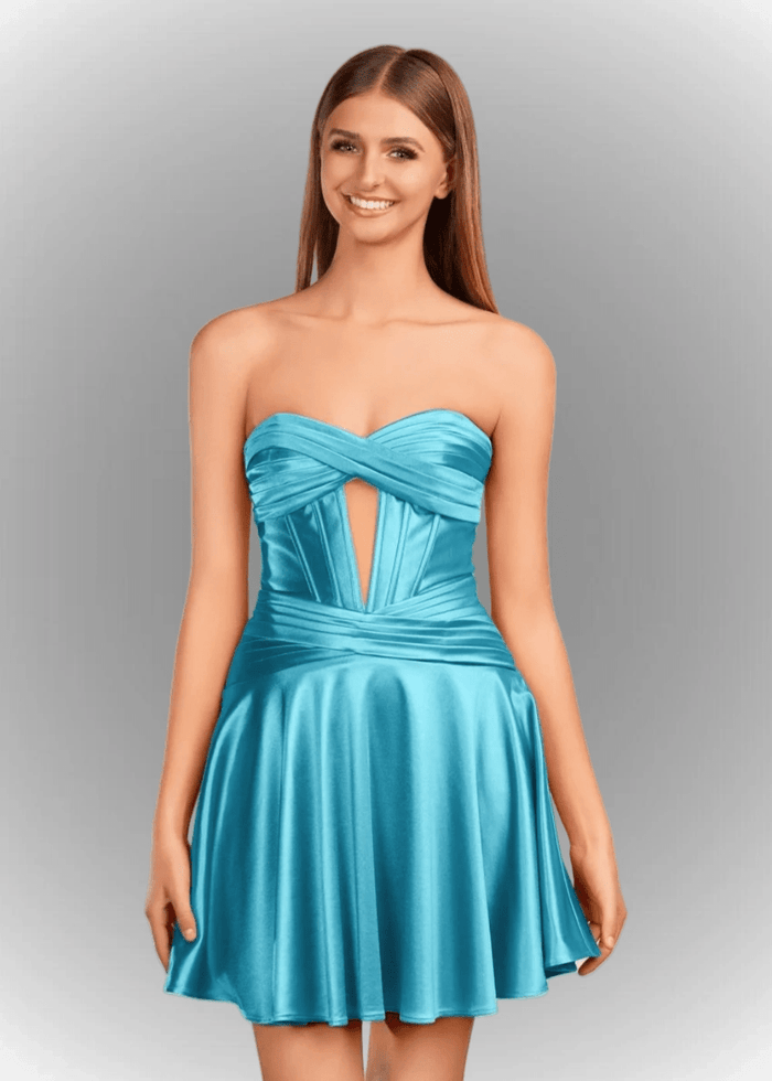 Alana | A Line Fuchsia Satin Strapless Ruched Homecoming Dress with Keyhole - Sky Blue - PromDressClub