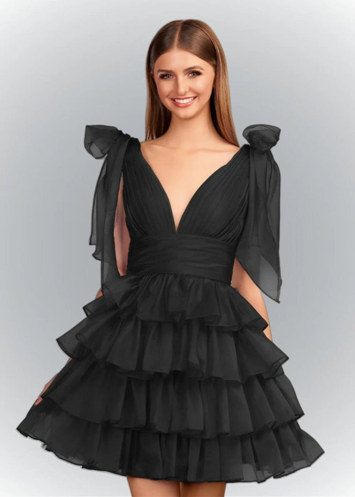 Alessia | Sexy A Line Royal Blue Tiered Ruffle Homecoming Dress with Bow - Black - PromDressClub