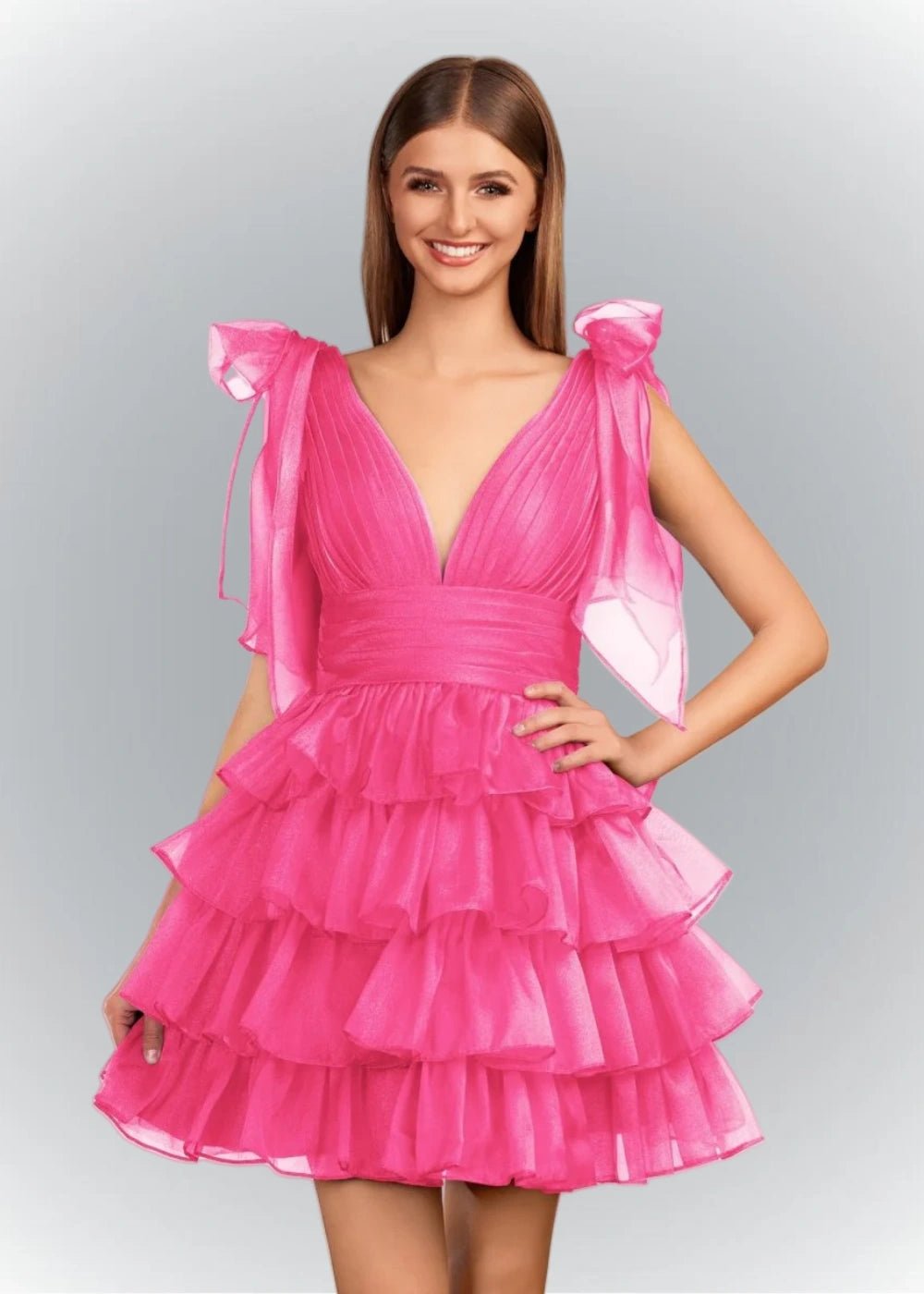 Alessia | Sexy A Line Royal Blue Tiered Ruffle Homecoming Dress with Bow - Light Pink - PromDressClub