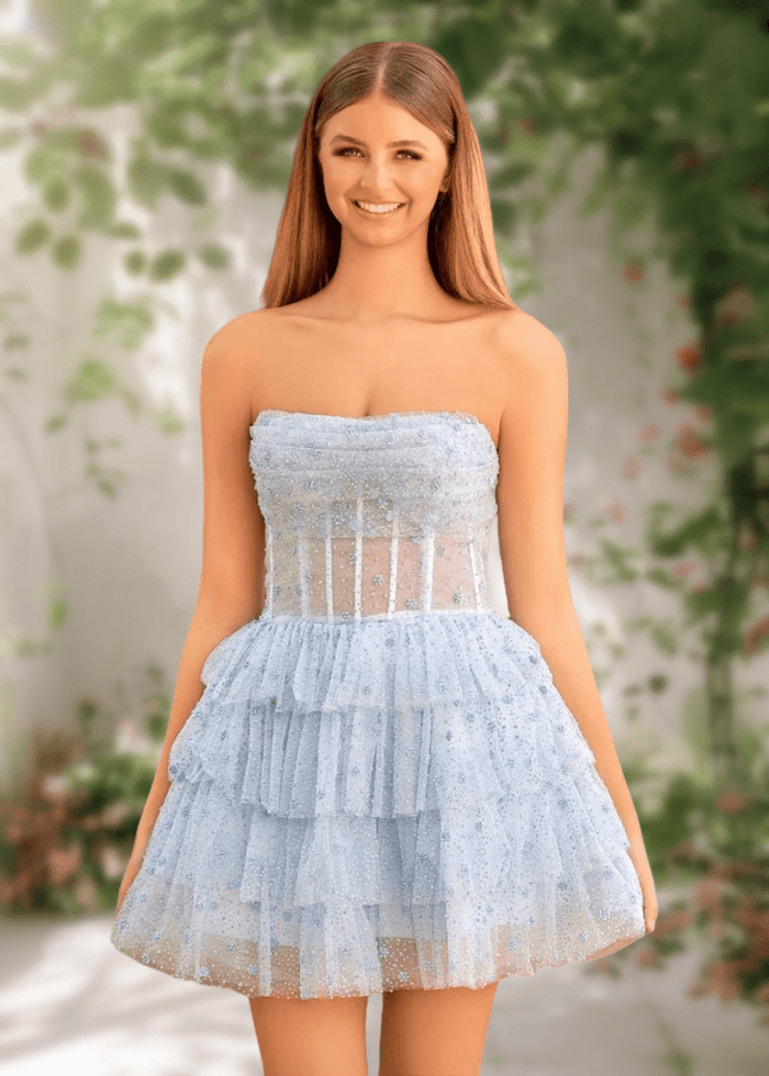 Alexandra | Classy Light Blue Strapless Corset Short Homecoming Dress with Ruffles - Light Blue - PromDressClub