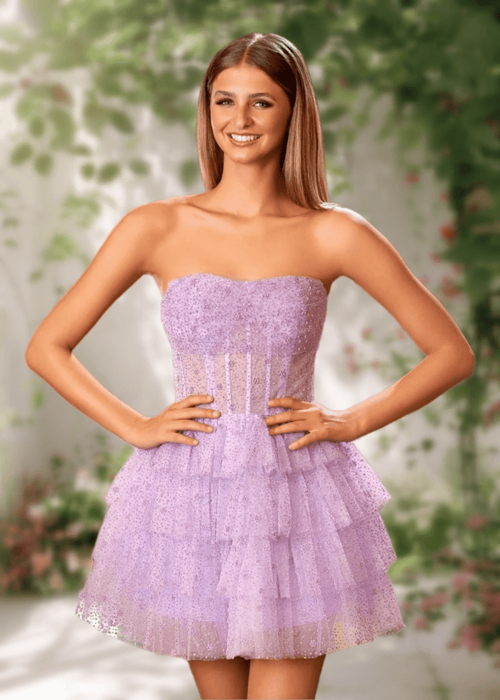 Alexandra | Classy Light Blue Strapless Corset Short Homecoming Dress with Ruffles - Light Pink - PromDressClub