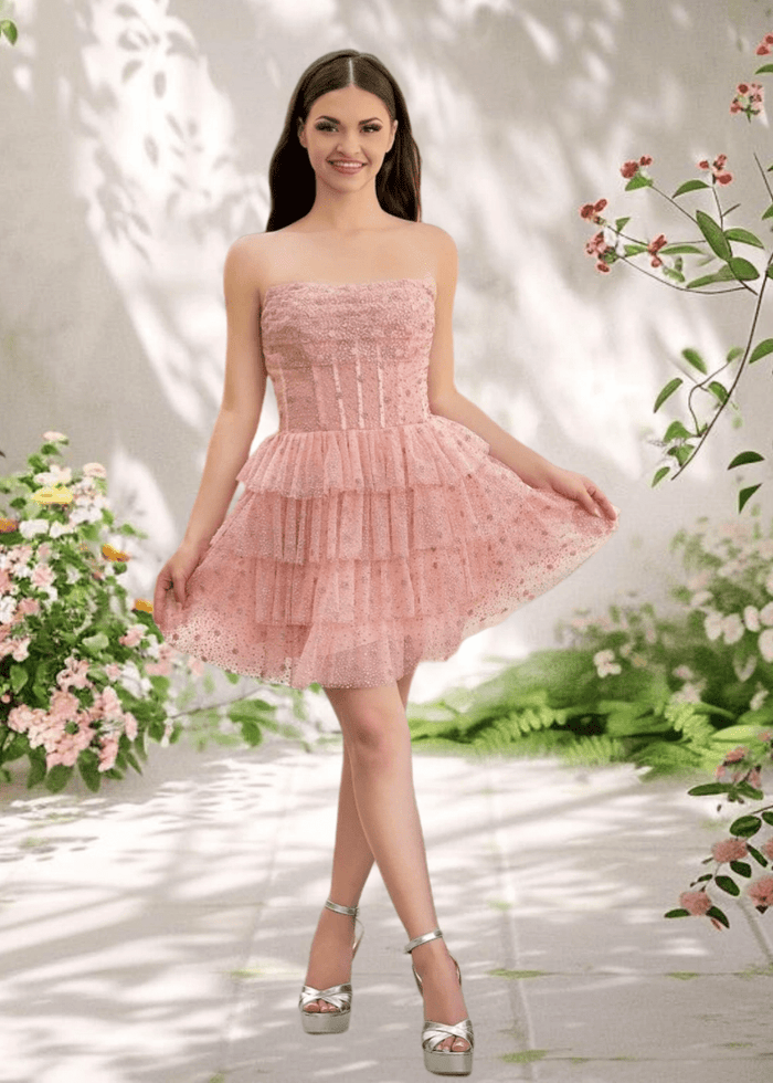 Alexandra | Classy Light Blue Strapless Corset Short Homecoming Dress with Ruffles - Light Pink - PromDressClub