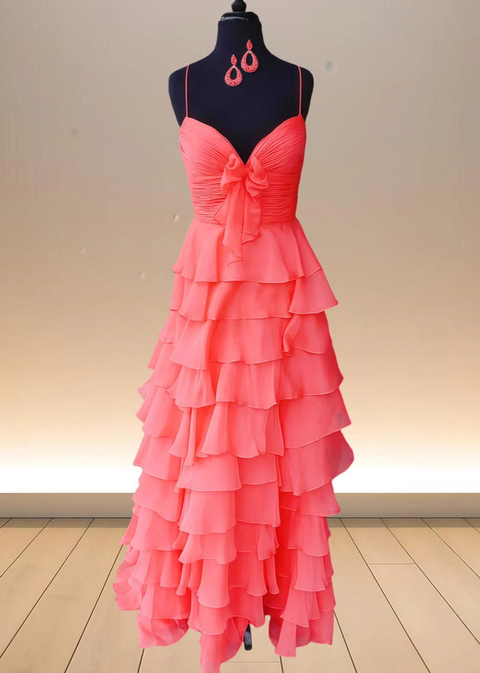 Alexandra | Yellow Spaghetti Strap Corset Maxi Dress Formal for Ruffles - Coral - PromDressClub