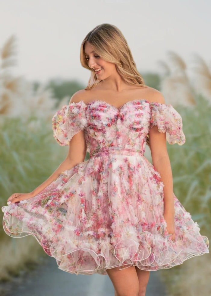 Alice | A Line Light Purple Floral Off the Shoulder Corset Homecoming Dress - Light Pink Floral - PromDressClub