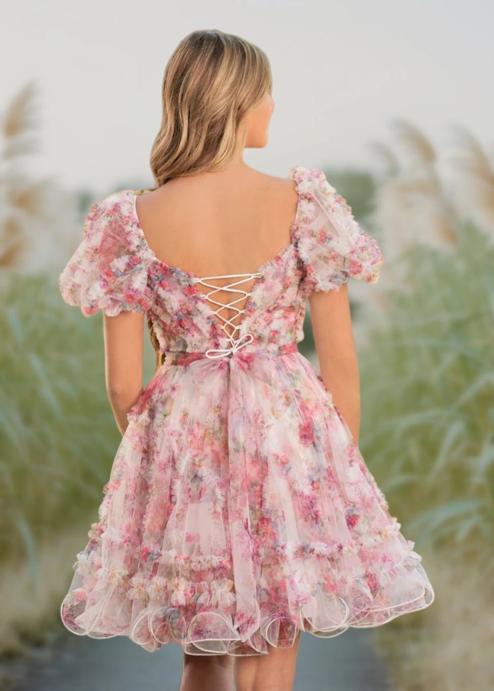 Alice | A Line Light Purple Floral Off the Shoulder Corset Homecoming Dress - Light Pink Floral - PromDressClub