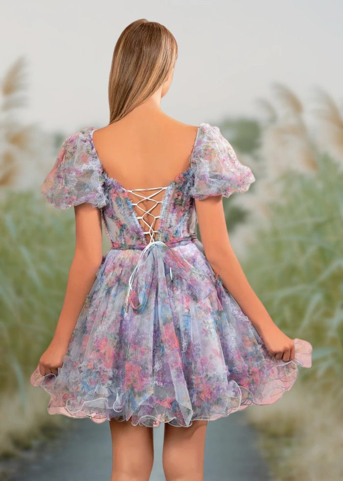 Alice | A Line Light Purple Floral Off the Shoulder Corset Homecoming Dress - Light Blue Floral - PromDressClub