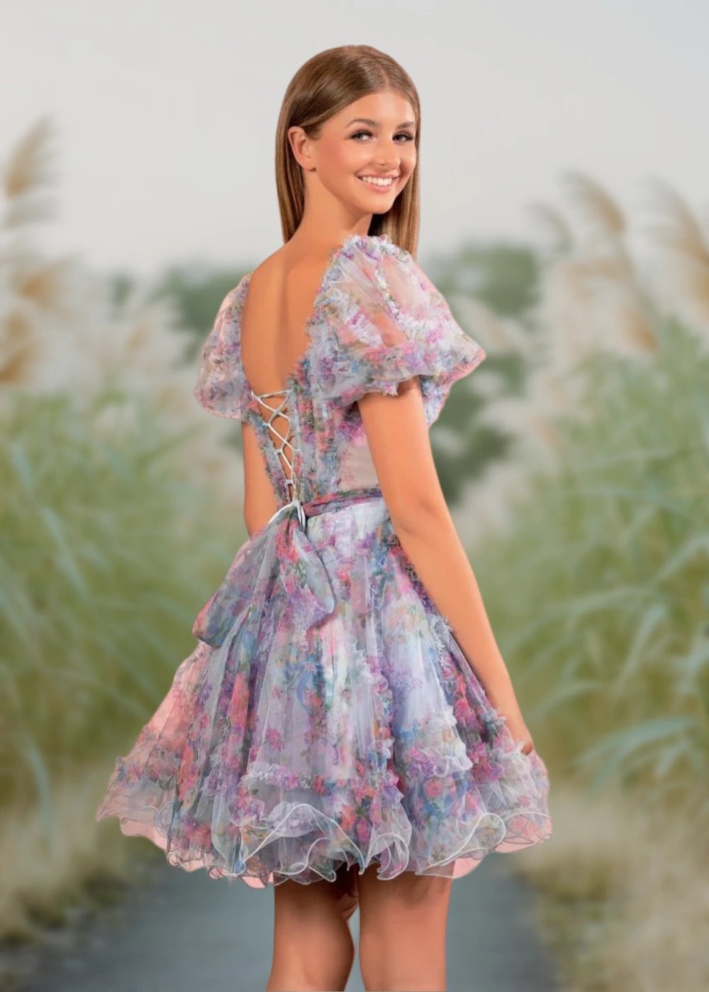 Alice | A Line Light Purple Floral Off the Shoulder Corset Homecoming Dress - Light Blue Floral - PromDressClub