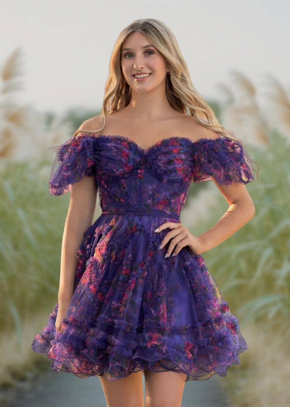 Alice | A Line Light Purple Floral Off the Shoulder Corset Homecoming Dress - Purple Floral - PromDressClub
