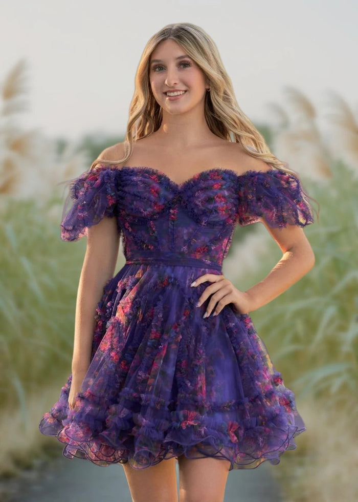 Alice | A Line Light Purple Floral Off the Shoulder Corset Homecoming Dress - Purple Floral - PromDressClub