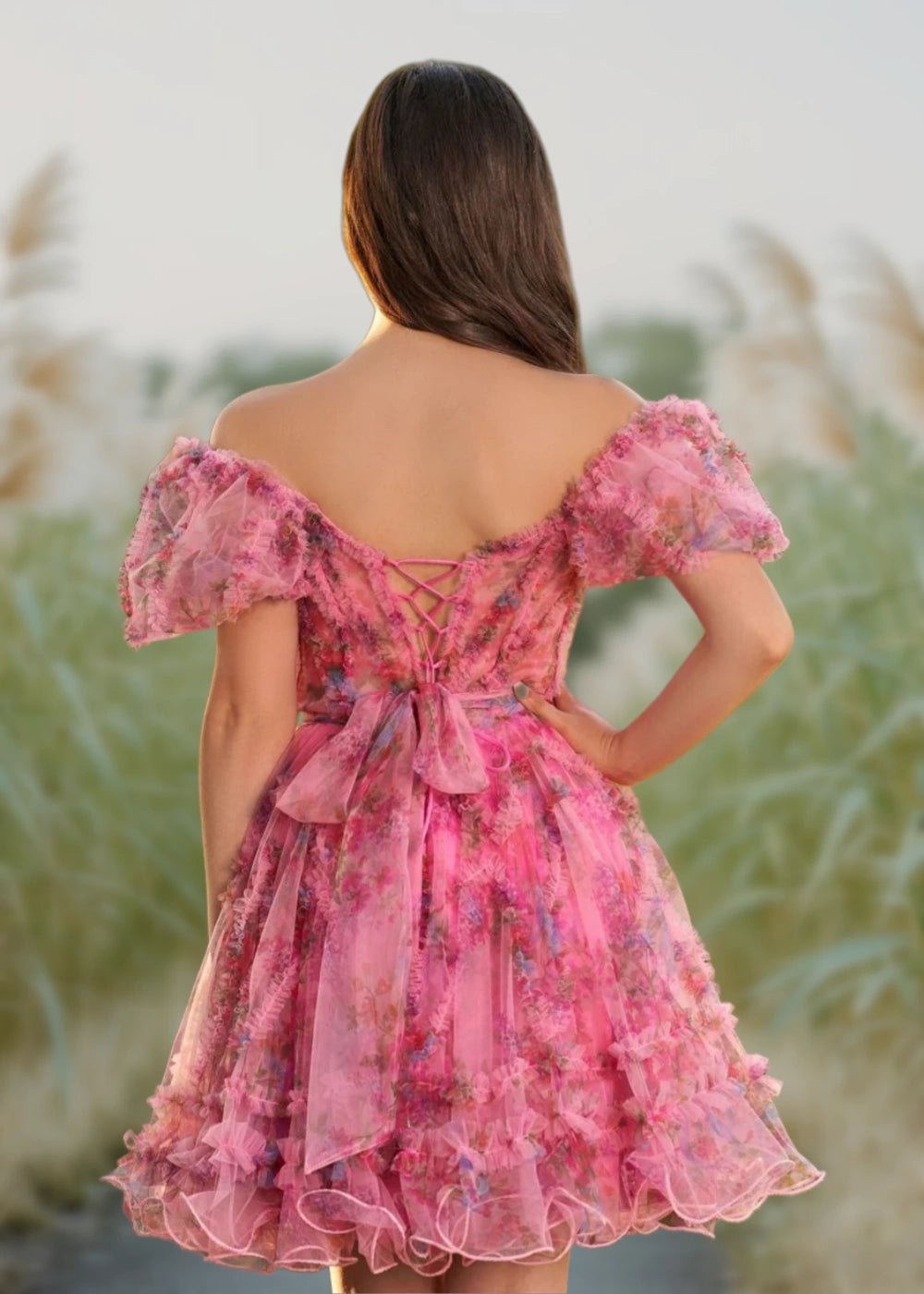 Alice | A Line Light Purple Floral Off the Shoulder Corset Homecoming Dress - Hot Pink Floral - PromDressClub