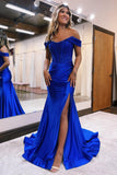 Rebecca |Satin Lace Prom Dress Dark Green Mermaid Off the Shoulder - Royal Blue - US0 - PromDressClub