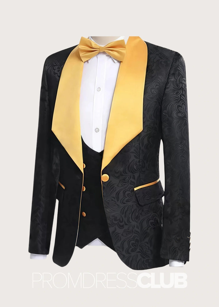 Allen |Black Prom Suits for Men With Jacquard Tuxedo with Gold Shawl Lapel | Three Pieces Men Suits - Price #price_variant_lowest# - 34 - PromDressClub