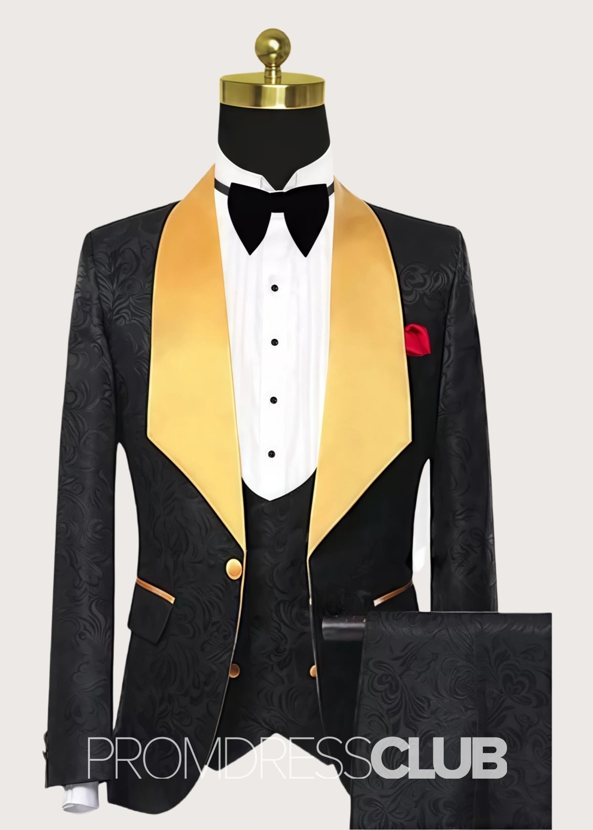 Allen |Black Prom Suits for Men With Jacquard Tuxedo with Gold Shawl Lapel | Three Pieces Men Suits - 34 - PromDressClub