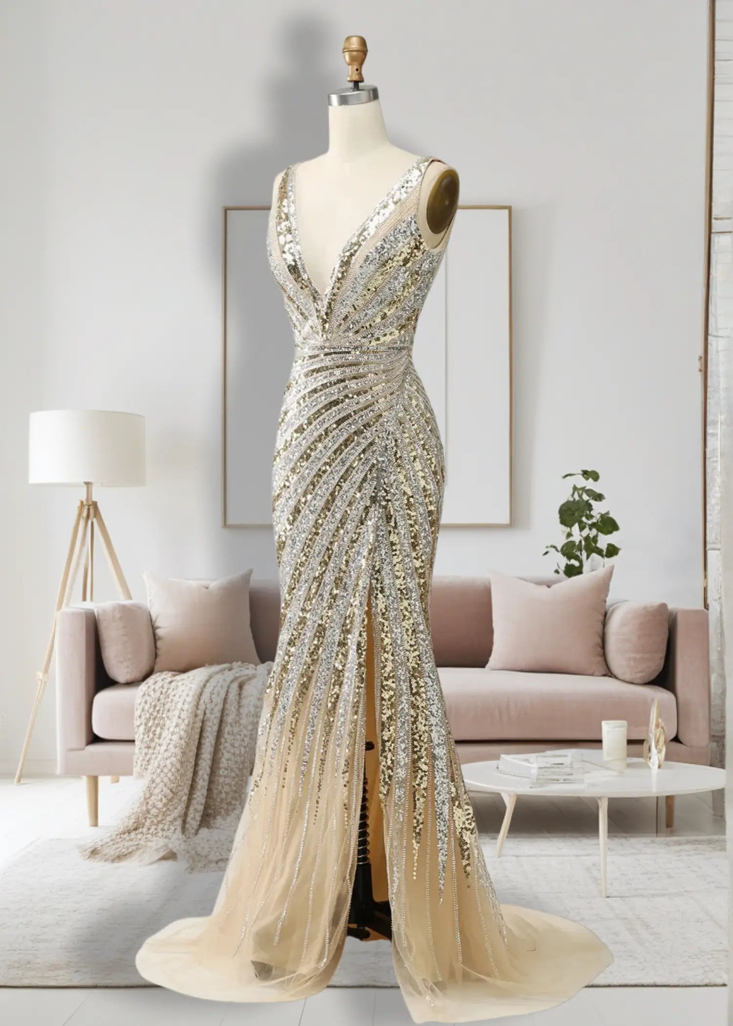 Amanda |Trumpet Mermaid Deep V Neck Gold Long Prom Dress with Silt - Gold - US0 - PromDressClub