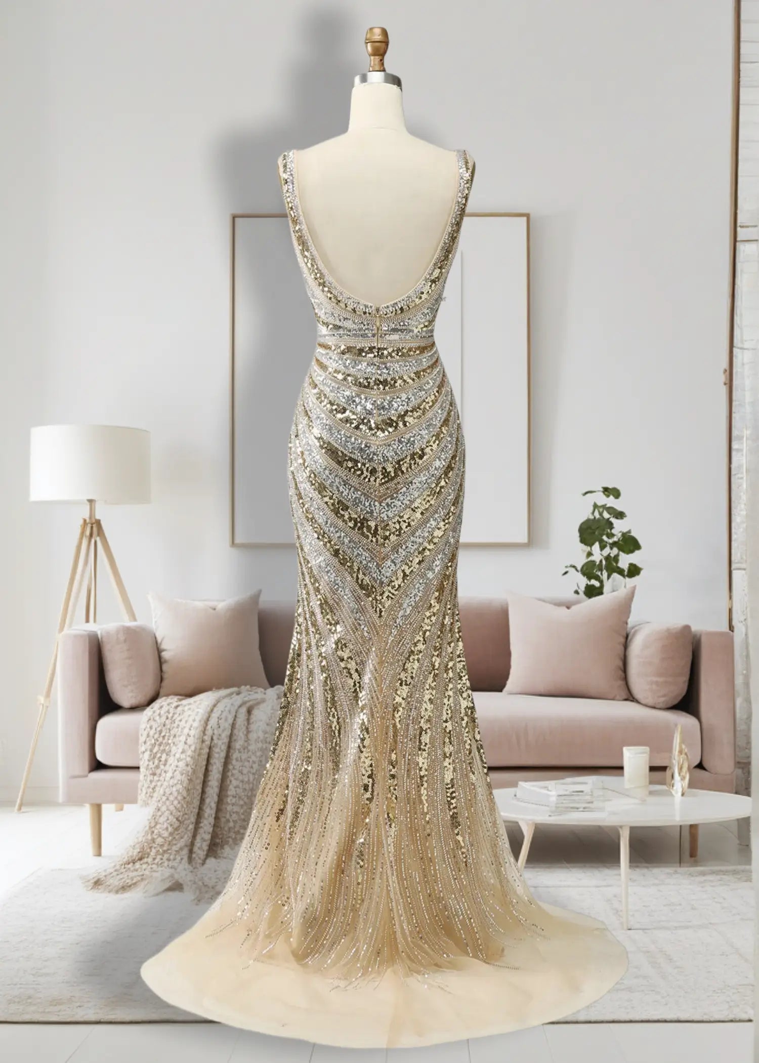 Amanda |Trumpet Mermaid Deep V Neck Gold Long Prom Dress with Silt - Gold - US0 - PromDressClub